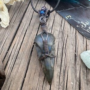 Wire Wrapped Blue Labradorite Raven Crow Skull Necklace